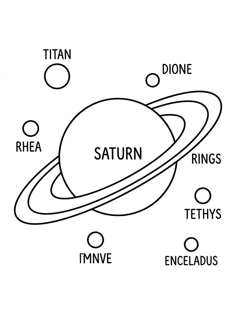 Saturn With Rings And Moons Coloring Page