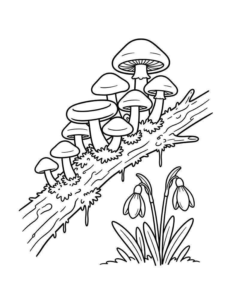 Scarlet Elf Cup Mushrooms Growing On A Mossy Branch With Early Spring Snowdrops Coloring Page