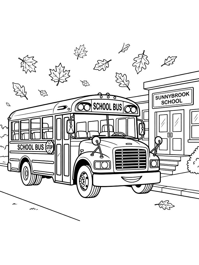 School Bus Arriving At A School With Autumn Leaves Falling Coloring Page