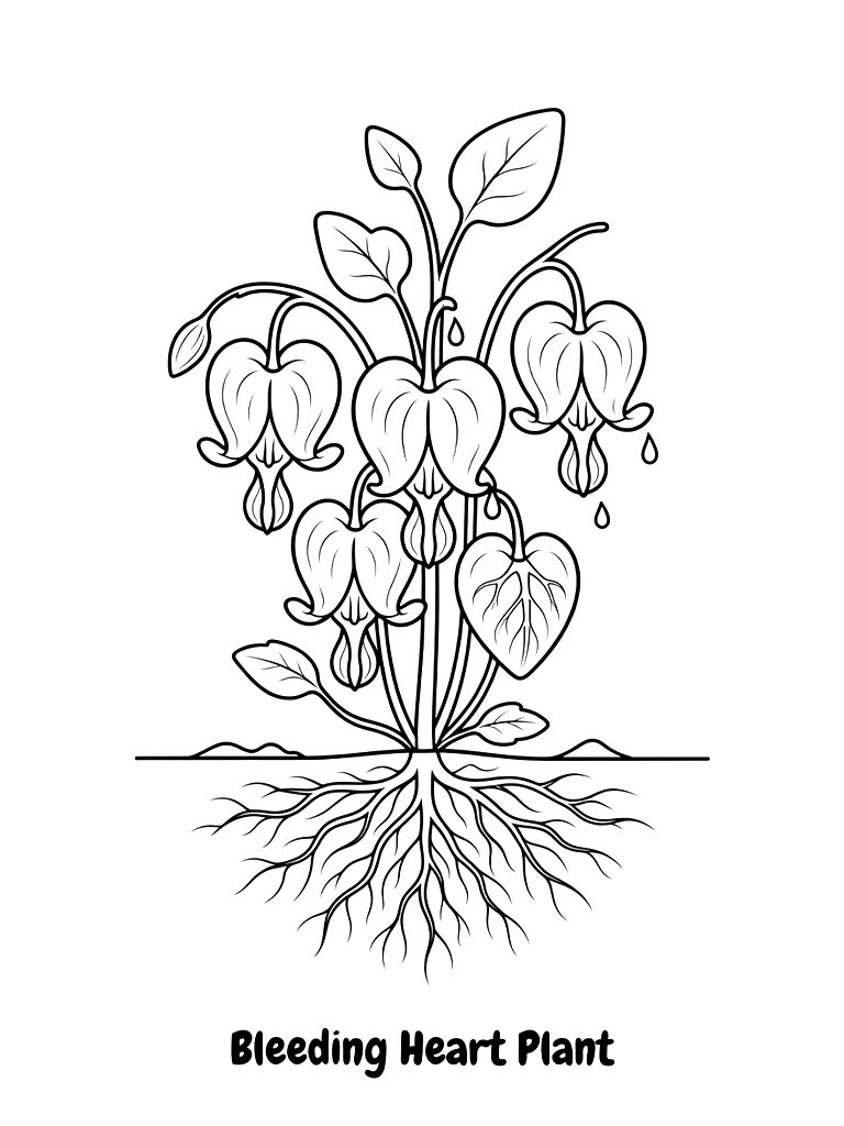 Scientific Illustration Of A Bleeding Heart Plant With Anatomical Heart-shaped Flowers And Detailed Root System Coloring Page