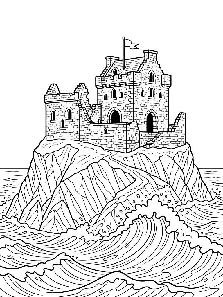 Scottish Cliffside Castle Ruins With A View Of The Crashing North Sea Waves Coloring Page