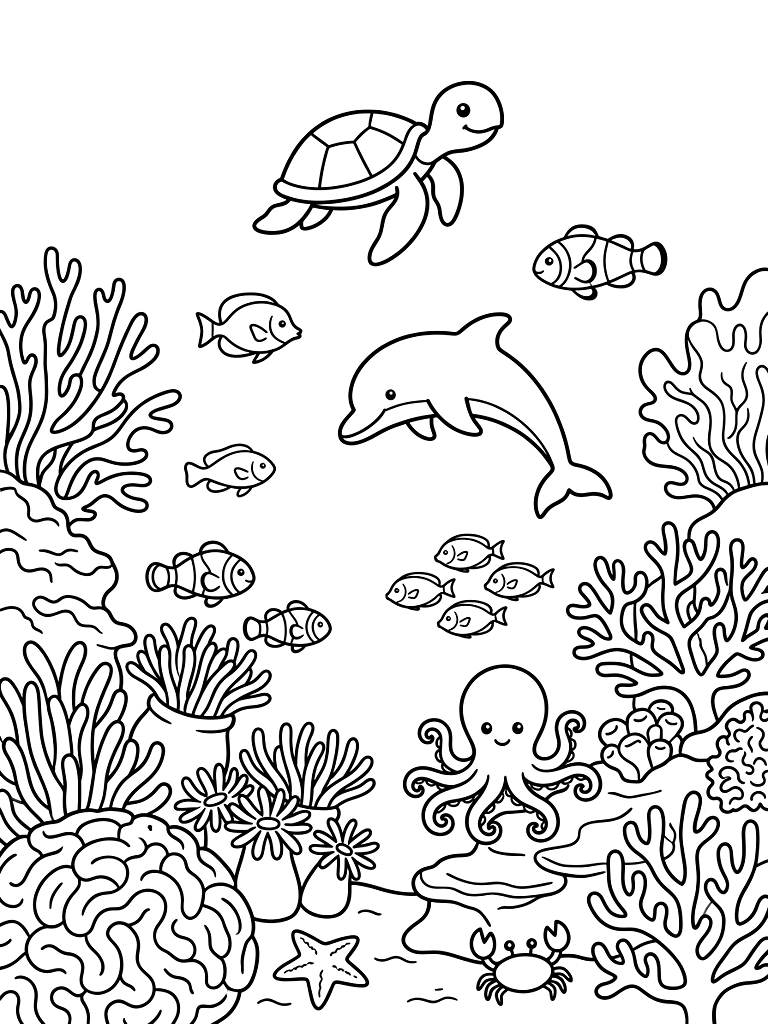 Sea Animals And Vibrant Coral Reefs Coloring Page