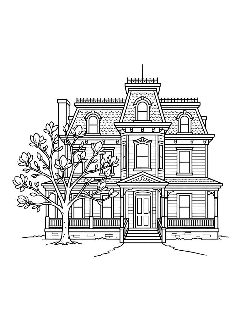 Second Empire Style Victorian House With A Mansard Roof And A Blooming Pink Magnolia Tree In The Yard Coloring Page