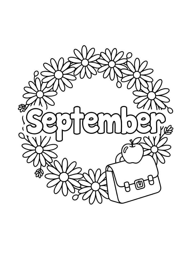 September Lettering Surrounded By Blooming Asters And A School Satchel With A Red Apple Coloring Page