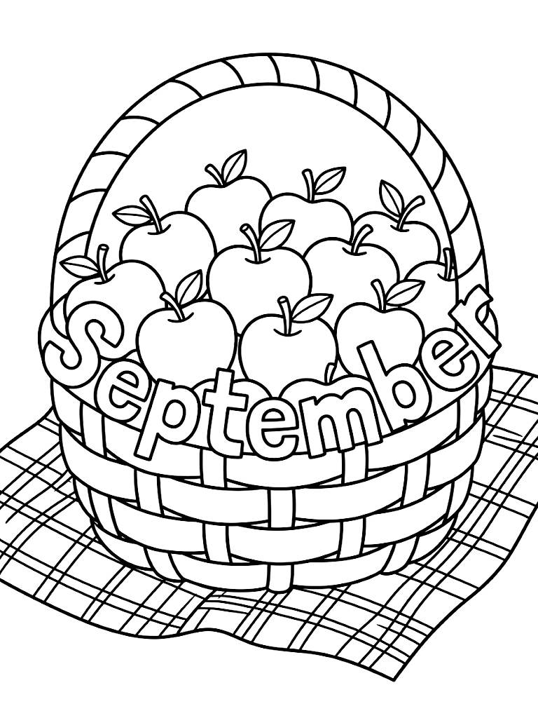 September Typography Woven Into A Rustic Woven Basket Overflowing With Freshly Picked Apples And A Plaid Picnic Blanket Coloring Page