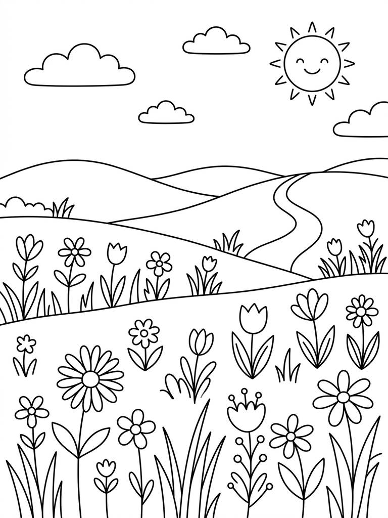 Serene Meadow With Wildflowers And Gentle Hills Coloring Page