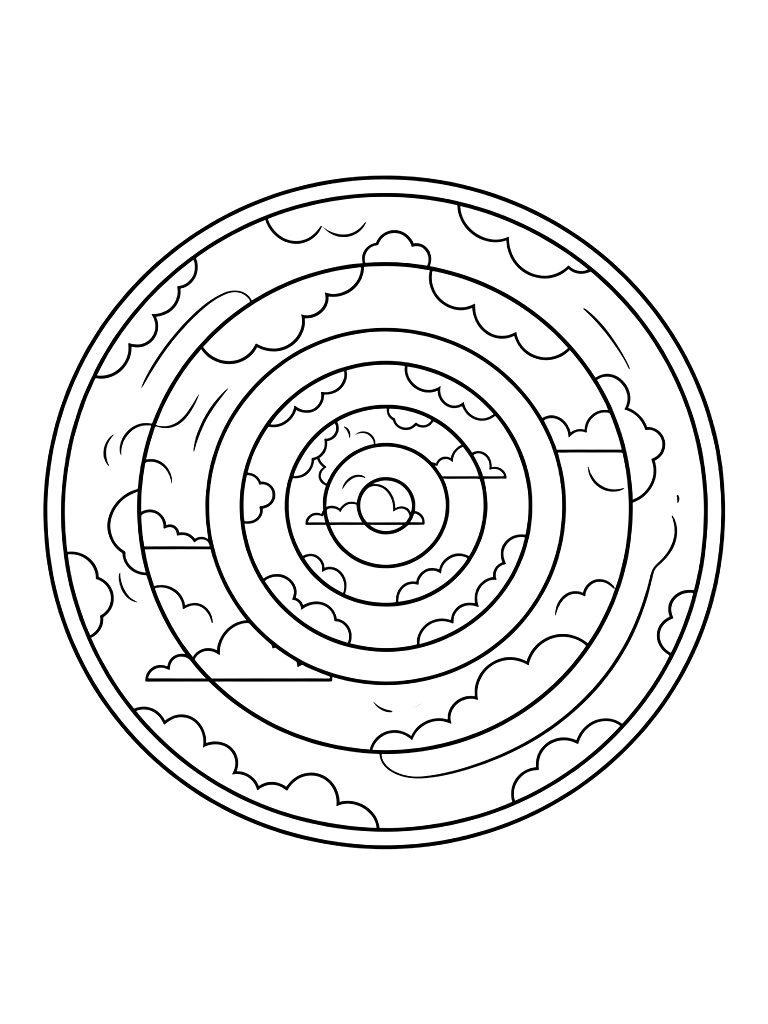 Series Of Concentric Circles Representing Breath Cycles With Soft Cloud Patterns Coloring Page — free printable for kids and adults
