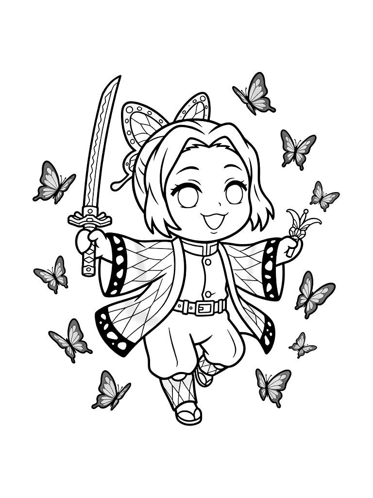 Shinobu Kocho The Insect Hashira Surrounded By Purple Butterflies With Her Unique Katana Coloring Page