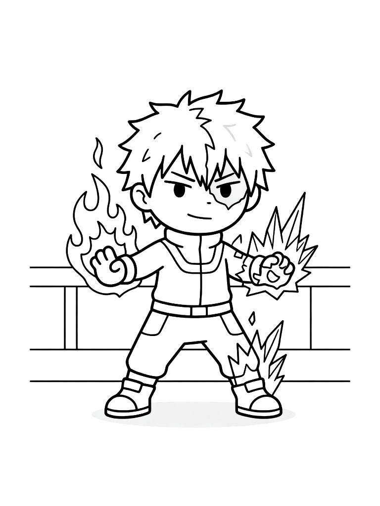 Shoto Todoroki Using His Dual Ice And Fire Powers In A Training Arena Coloring Page