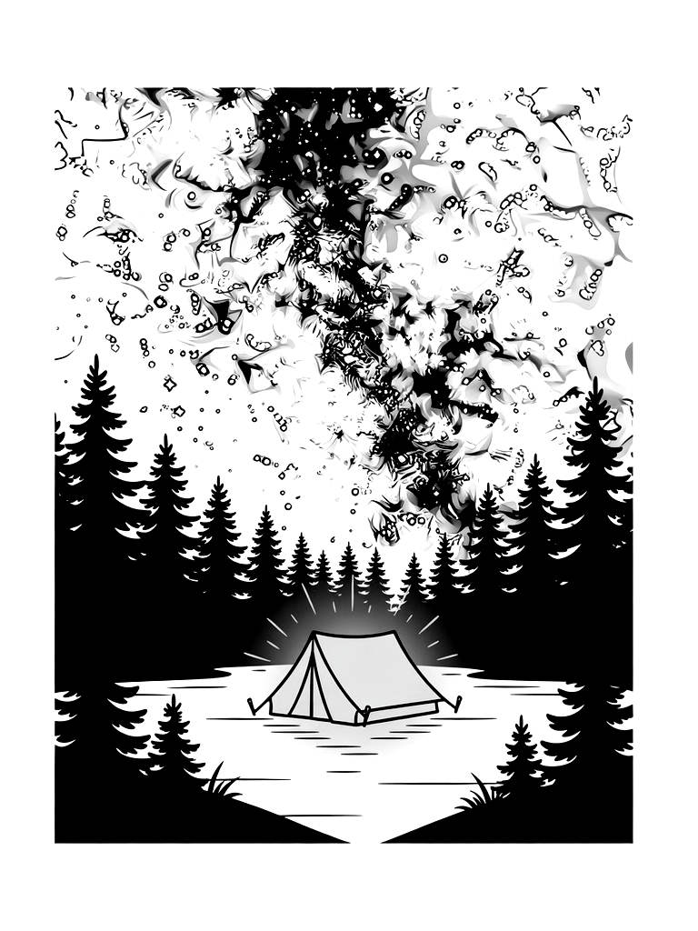Silhouette Of A Pine Forest Under A Massive Milky Way Galaxy Sky With A Single Glowing Tent By A Lake Coloring Page