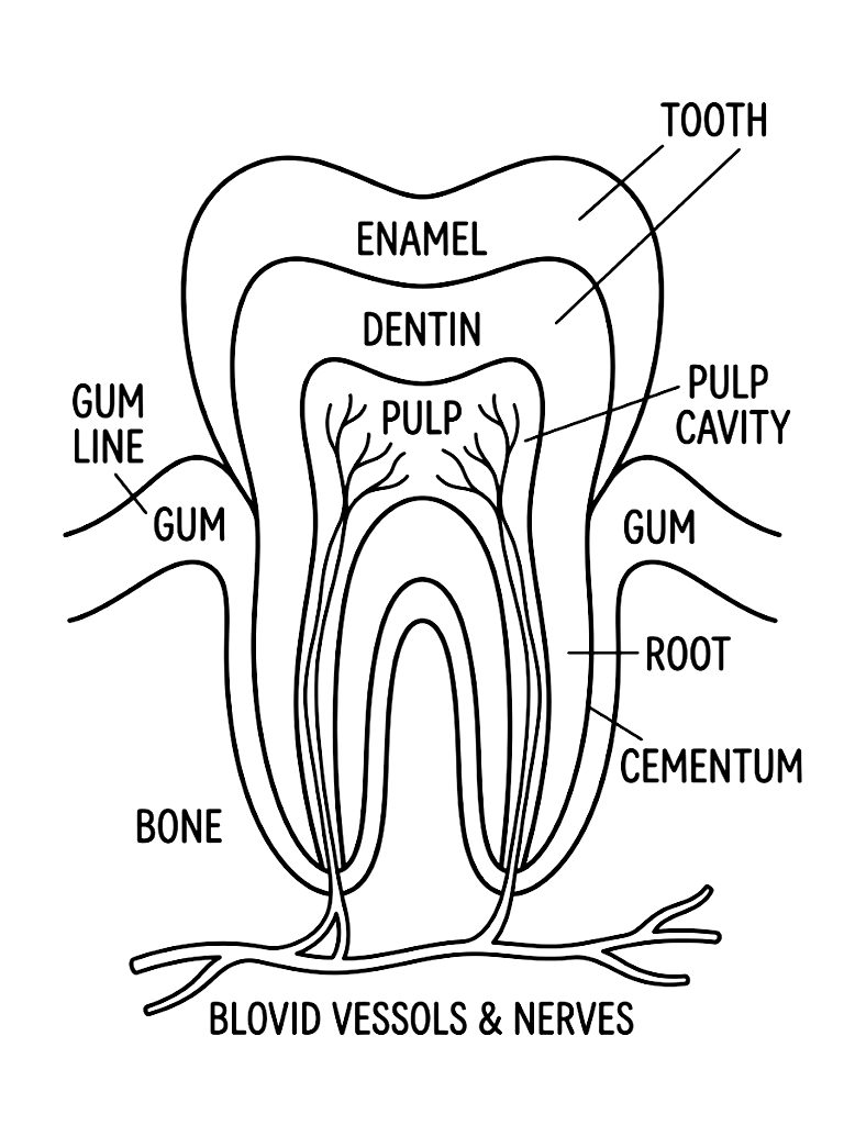 Simplified Cross-Section Diagram Of A Human Tooth Clearly Displaying The Enamel Dentin And Root Structure For Easy Educational Learning Coloring Page