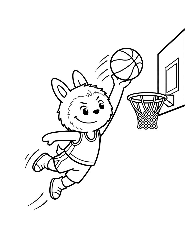 Slam Dunk Competition Scene With A Player Flying Toward The Hoop And A Basketball With A Trail Of Motion Lines Coloring Page