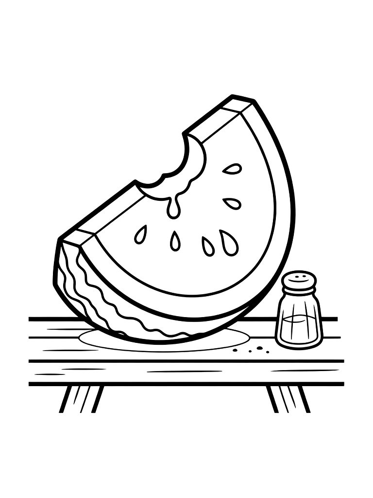 Slice Of Juicy Watermelon With A Bite Taken Out Resting On A Picnic Table With A Salt Shaker Coloring Page — free printable for kids and adults