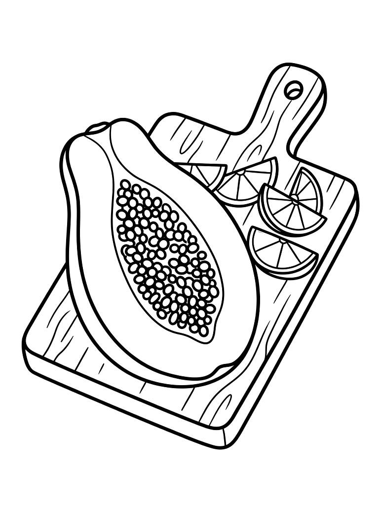 Sliced Tropical Papaya Exposing Intricate Black Seeds Resting On A Wooden Cutting Board Next To Fresh Lime Wedges coloring page — free printable for kids and adults