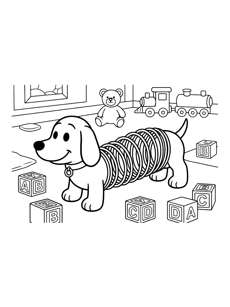 Slinky Dog Toy Stretching Across A Child's Bedroom Floor With Alphabet Blocks Coloring Page — free printable for kids and adults