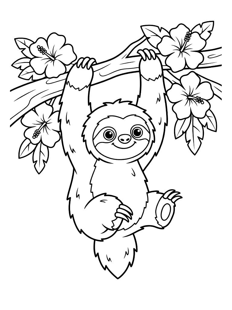 Sloth Hanging Calmly From A Tree Branch With Tropical Flowers Coloring Page — free printable for kids and adults
