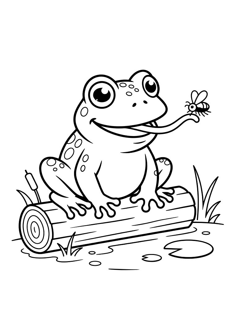 Small Bullfrog Sitting On A Log And Catching A Fly With Its Long Tongue Near A Pond Coloring Page