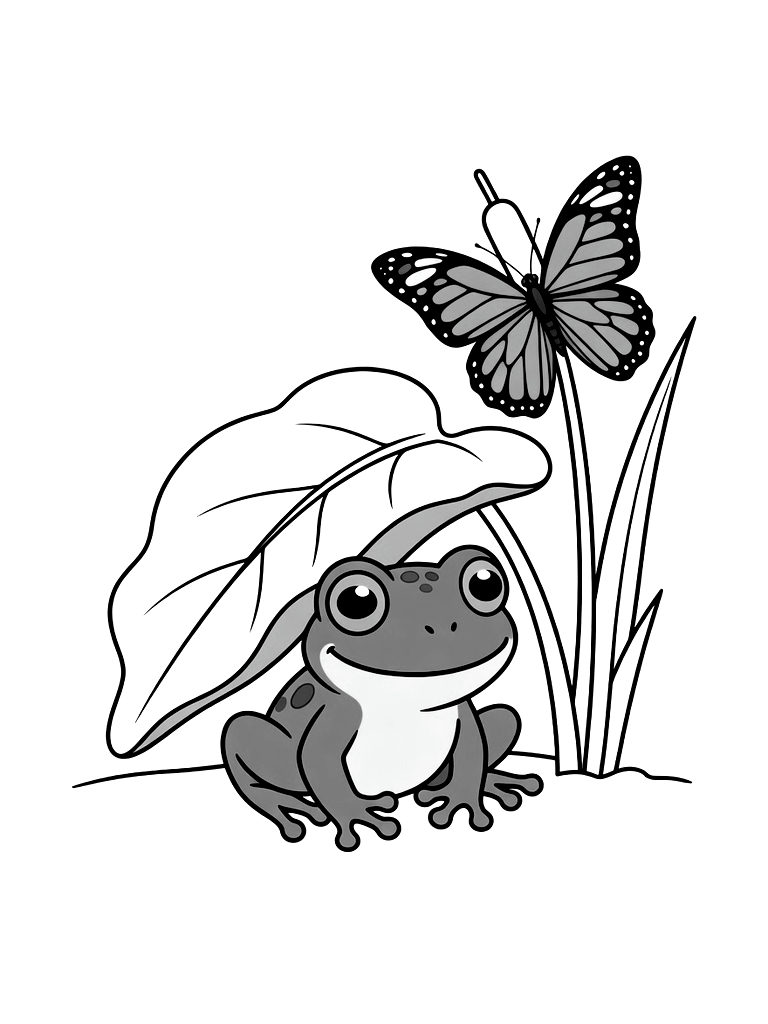 Small Green Tree Frog Hiding Under A Yellow Marsh Marigold Leaf While A Blue Morpho Butterfly Rests On A Nearby Reed Coloring Page