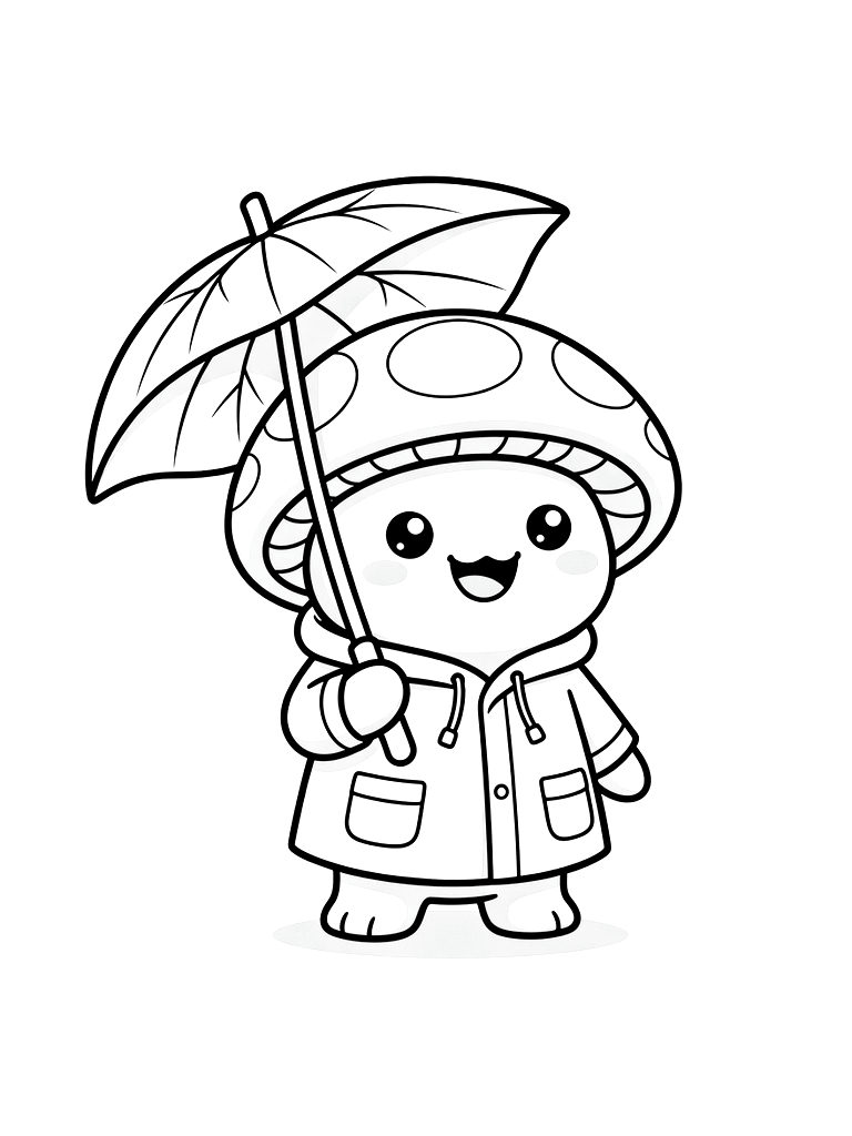 Smiling Kawaii Mushroom Wearing A Raincoat And Holding A Leaf Umbrella Coloring Page — free printable for kids and adults