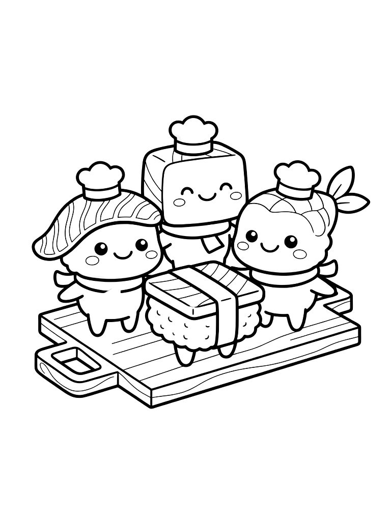 Smiling Set Of Nigiri Sushi Characters With Cute Faces And Tiny Pink Cheeks On A Wooden Platter Coloring Page