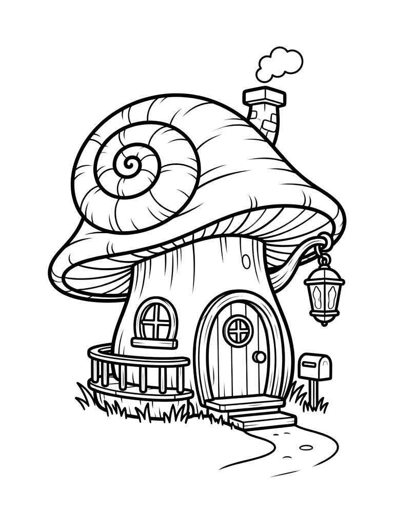 Snail Shell Mushroom House With A Round Door And Porch Lantern Coloring Page — free printable for kids and adults