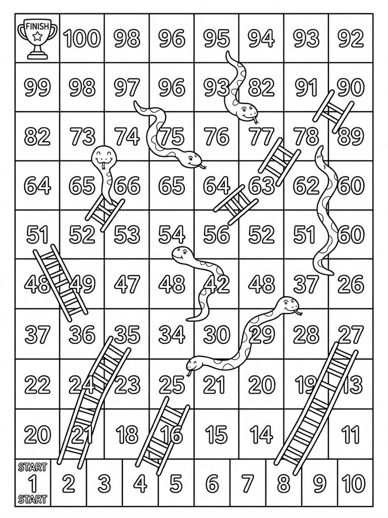 Snakes And Ladders Board With Snakes And Ladders Coloring Page