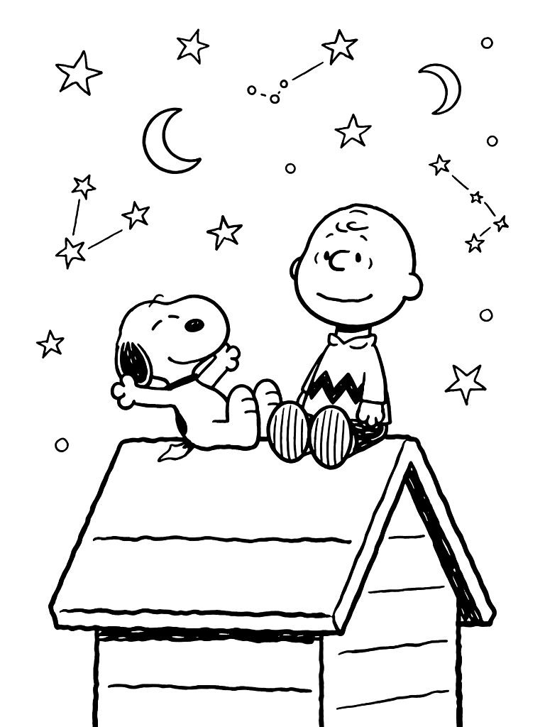 Snoopy And Charlie Brown Looking At A Starry Sky From The Top Of The Doghouse Coloring Page