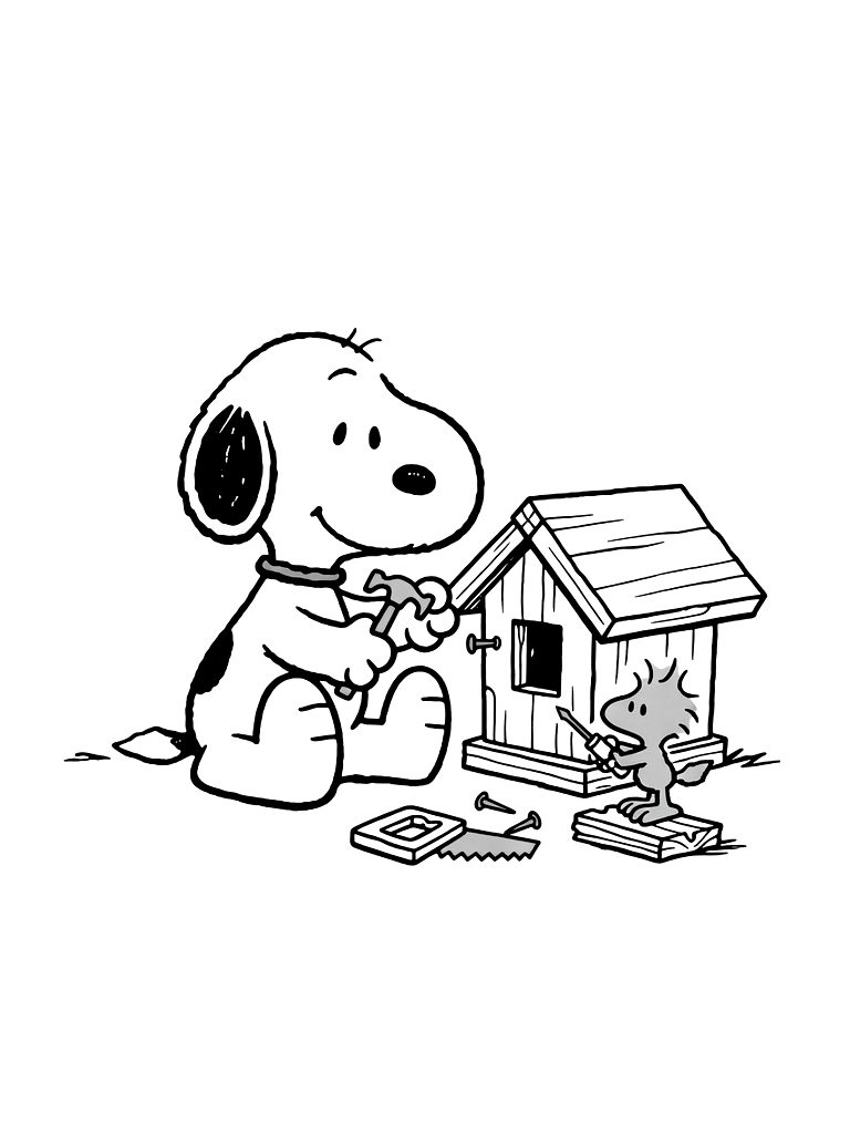 Snoopy And Woodstock Building A Birdhouse Together With Tiny Tools And Wood Scraps Coloring Page