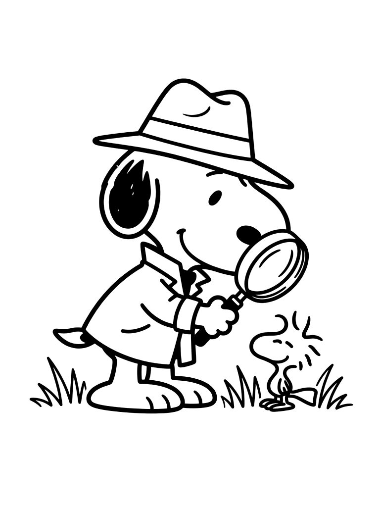 Snoopy Dressed As A Detective With A Magnifying Glass Looking For Woodstock Coloring Page