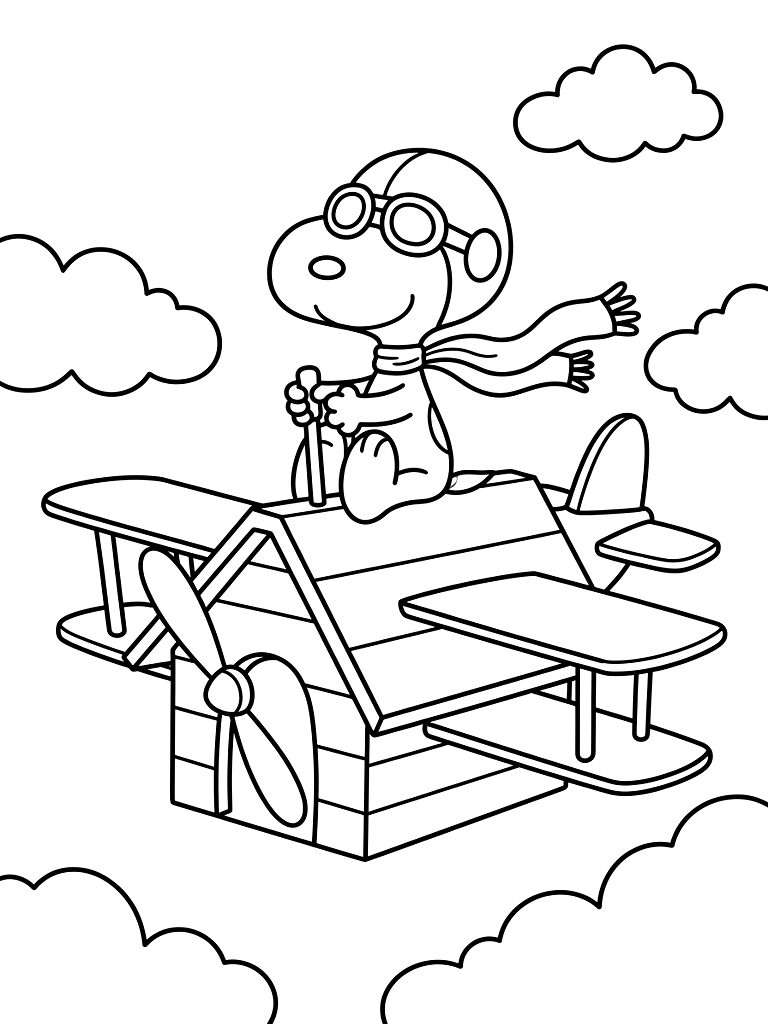 Snoopy Dressed As The World War I Flying Ace Wearing His Goggles And Scarf Piloting His Red Doghouse Through The Clouds coloring page — free printable for kids and adults