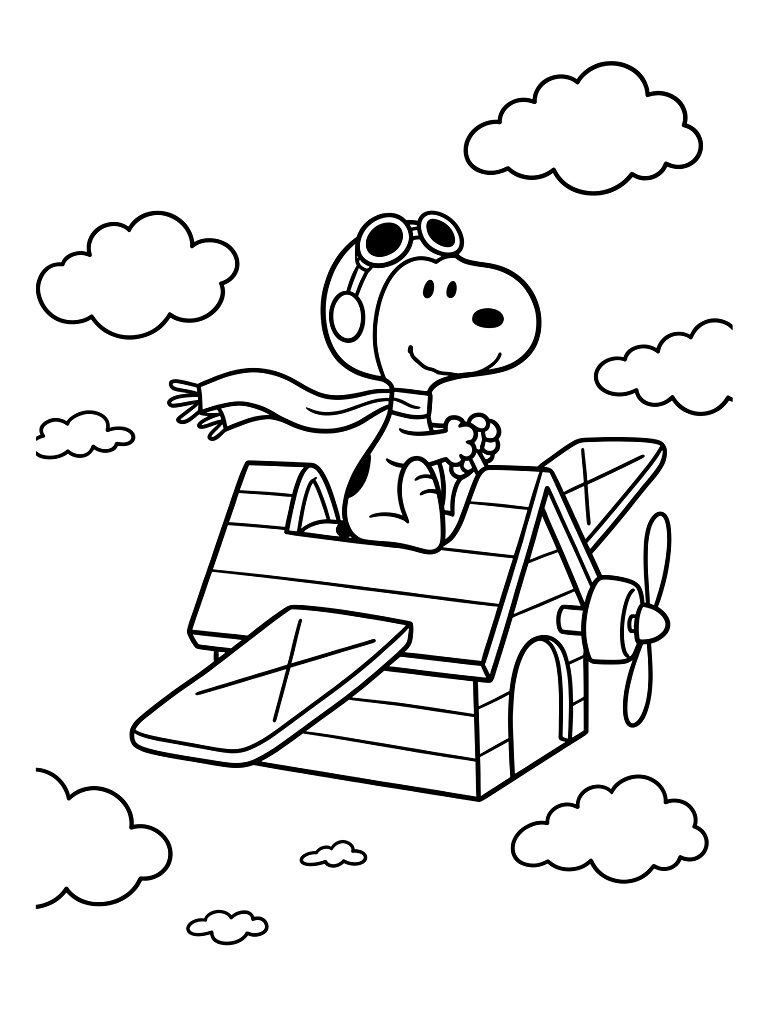 Snoopy Dressed As The World War I Flying Ace Wearing His Goggles And Scarf Piloting His Red Doghouse Through The Clouds Coloring Page