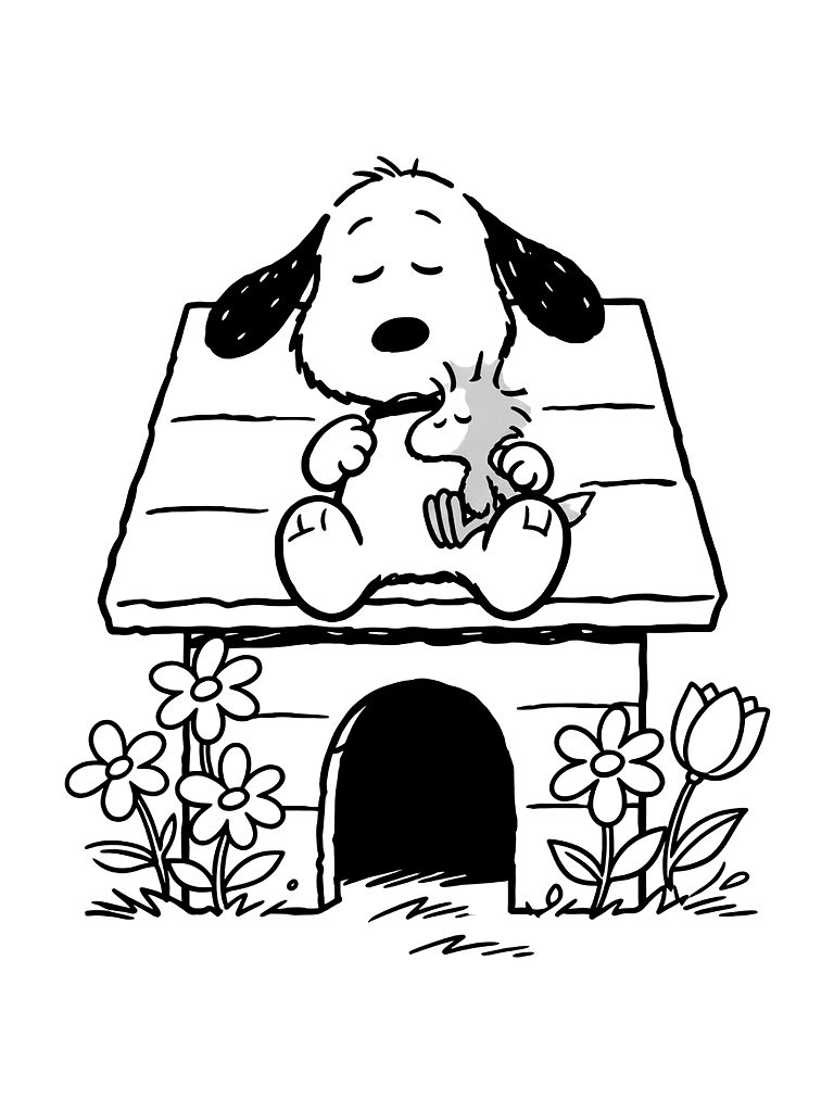Snoopy Napping On Top Of His Doghouse With Woodstock And Flowers Coloring Page