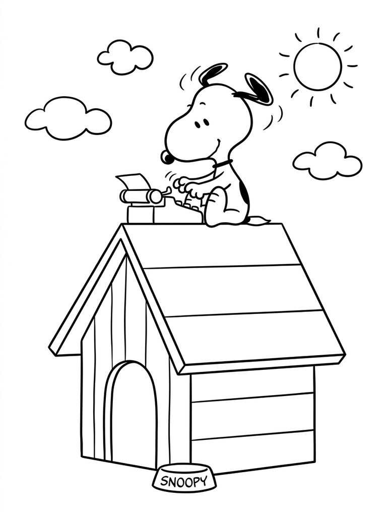 Snoopy On His Doghouse / Relaxing Or Typing Pose Coloring Page