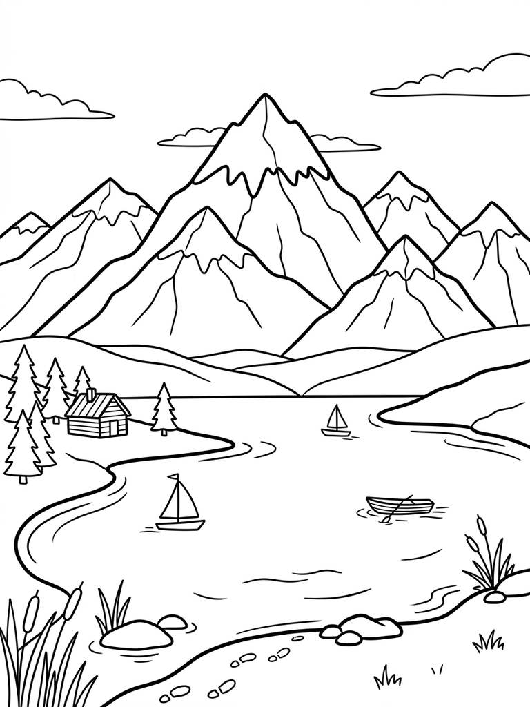 Snow-Capped Mountain Peaks With Lake Coloring Page