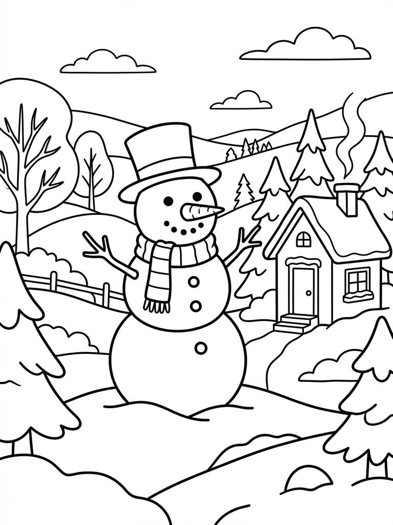 Snowman Building In Winter Landscape Coloring Page