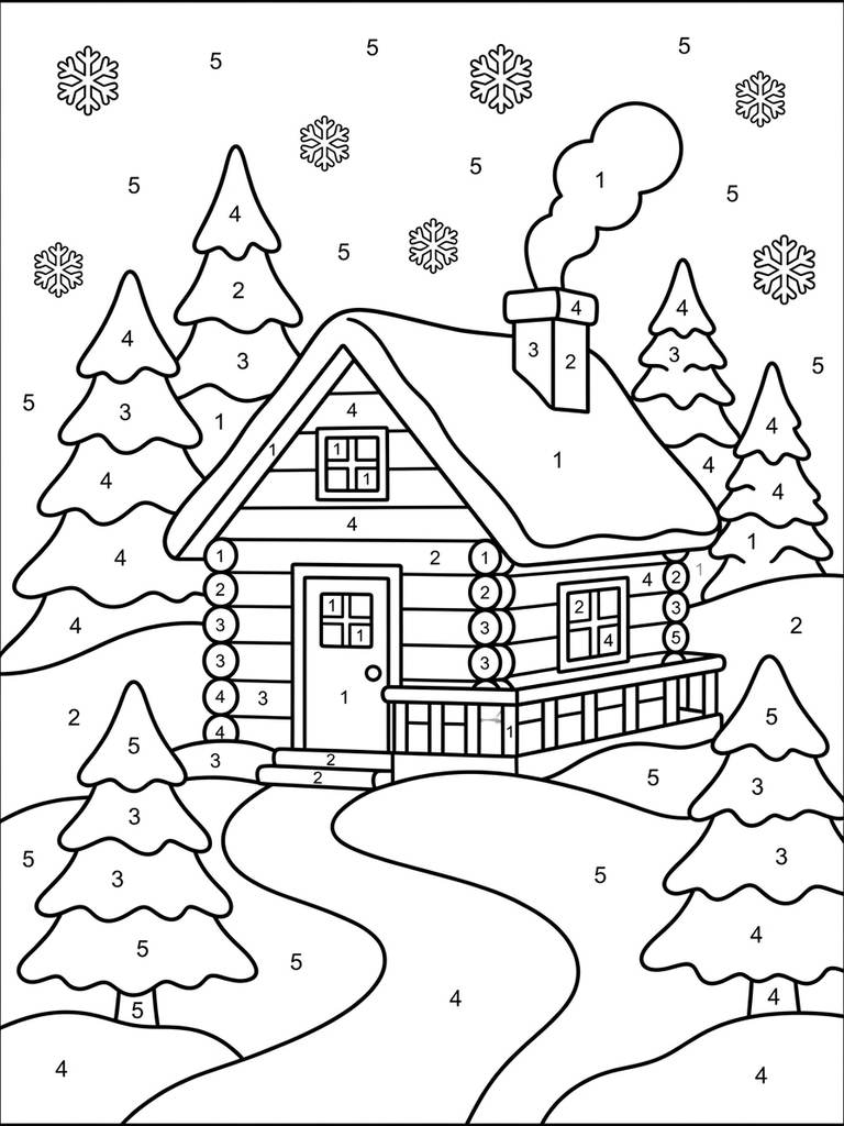 Snowy Winter Wonderland Cabin By Number Coloring Page