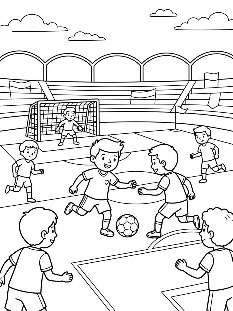 Soccer Match On Stadium Field Coloring Page