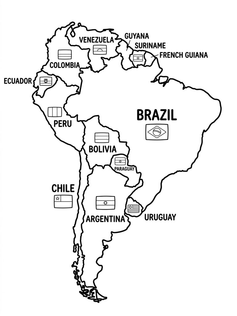 South America Continent Map With Countries And Flags Coloring Page