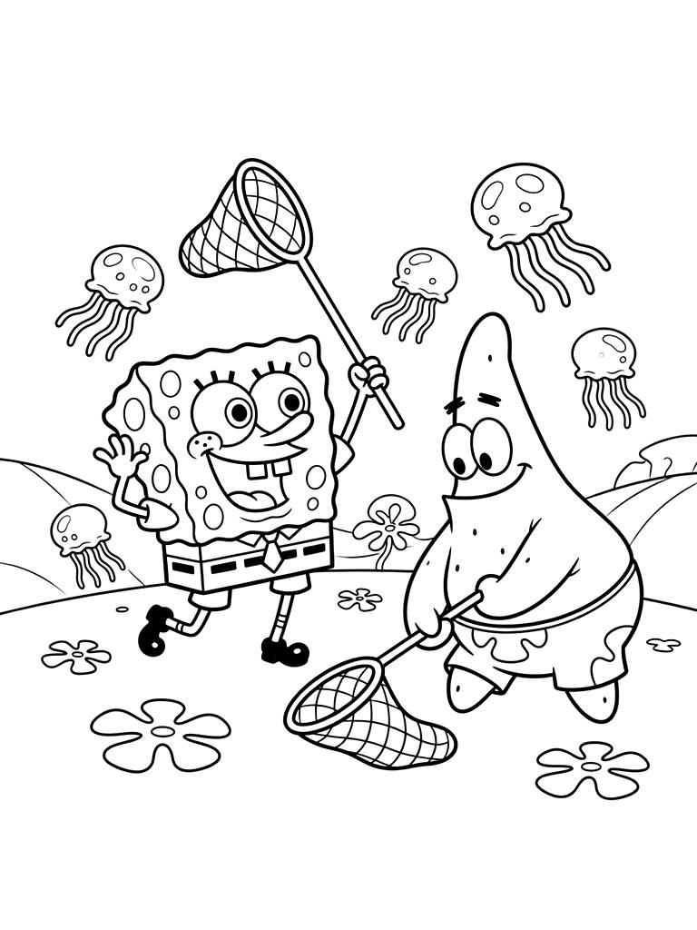 SpongeBob And Patrick Hunting For Jellyfish With Nets In Jellyfish Fields Coloring Page