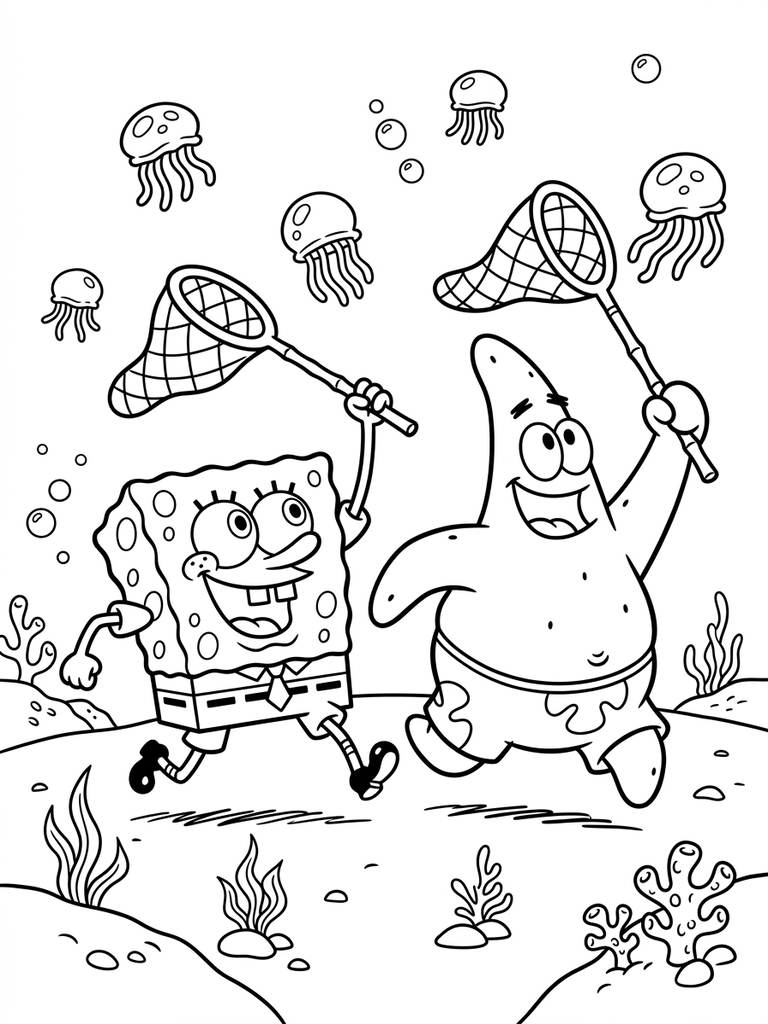 SpongeBob And Patrick Jellyfishing Coloring Page