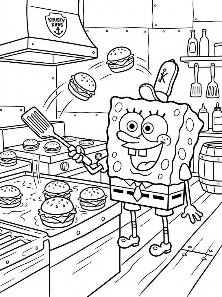 SpongeBob Flipping Krabby Patties At Krusty Krab Coloring Page