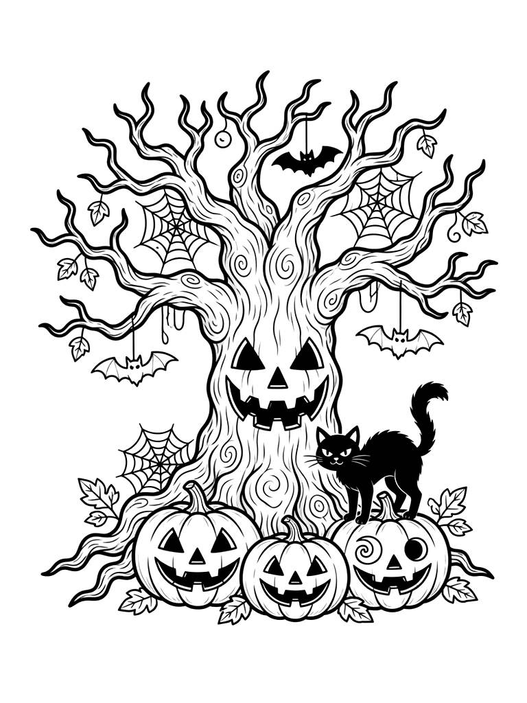 Spooky Halloween Tree With Carved Pumpkins And A Black Cat Coloring Page