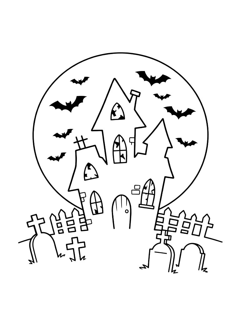 Spooky Haunted House Silhouette With Bats Flying Across A Giant Orange Harvest Moon And A Graveyard Coloring Page