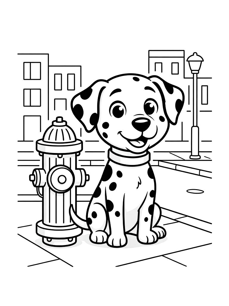 Spotted Dalmatian Dog Sitting Proudly Next To A Red Fire Hydrant On A City Sidewalk coloring page — free printable for kids and adults