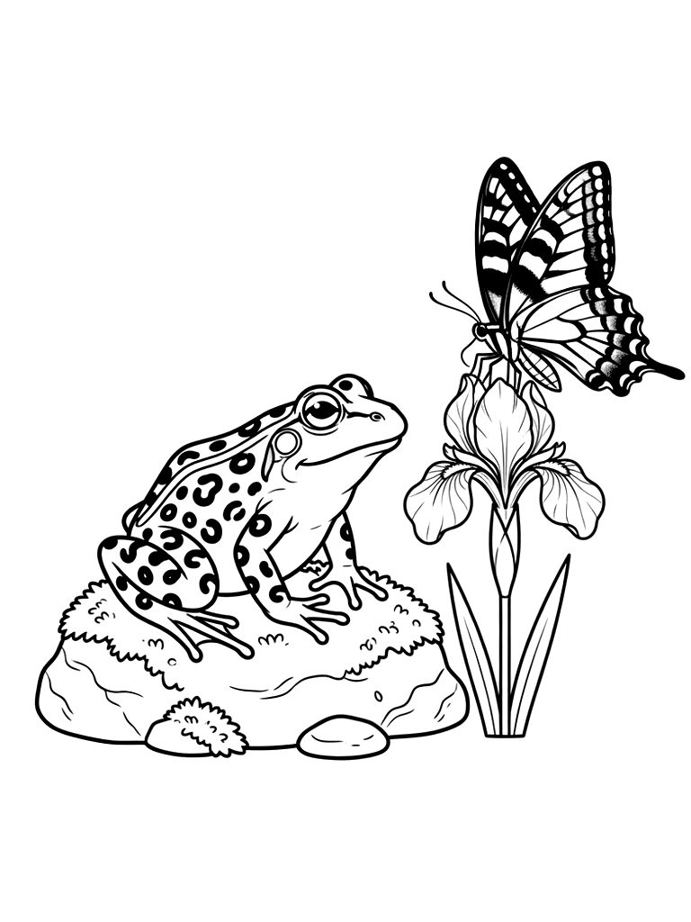 Spotted Leopard Frog Sitting On A Mossy Stone Watching A Tiger Swallowtail Butterfly Land On A Nearby Iris Coloring Page