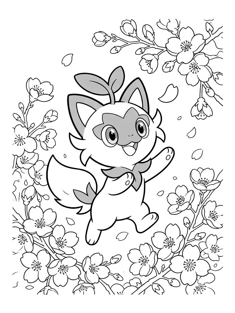 Sprigatito Playing In A Field Of Pink Cherry Blossoms Coloring Page