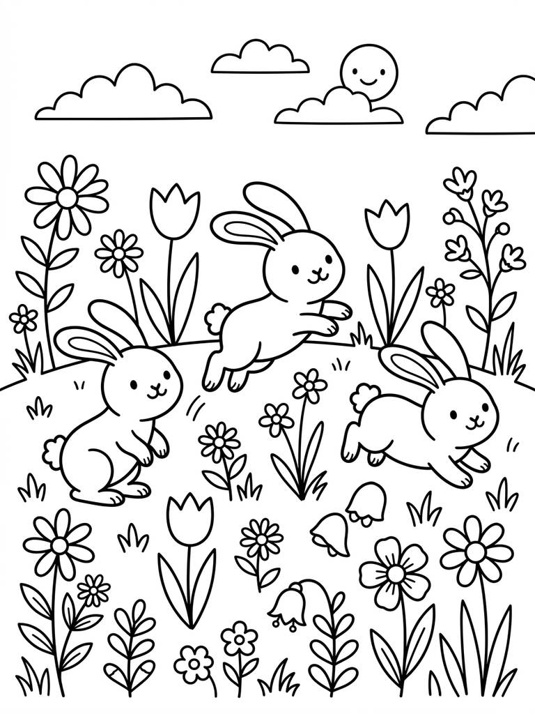 Spring Bunnies Hopping Among Colorful Flowers Coloring Page