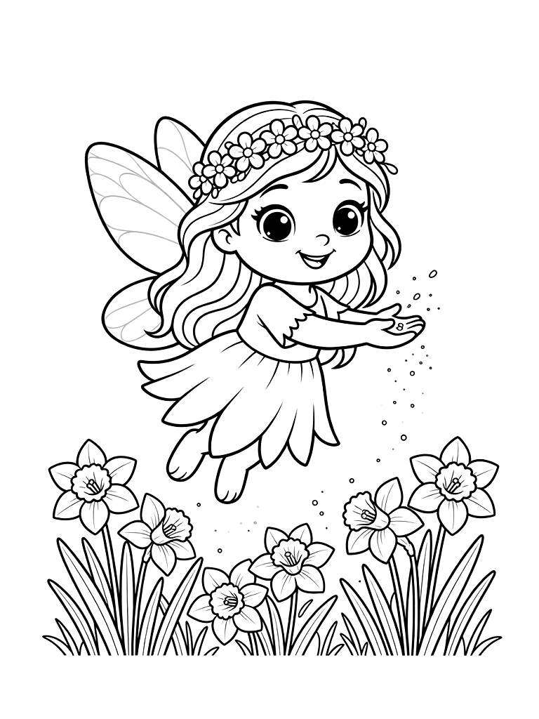 Spring Fairy Sprinkling Pollen Over A Field Of Daffodils Coloring Page