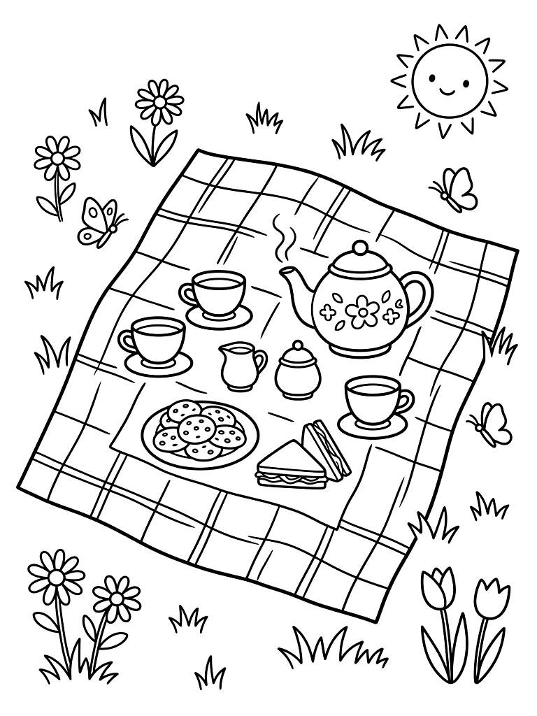 Spring Picnic Blanket And Cozy Tea Time Spread coloring page — free printable for kids and adults