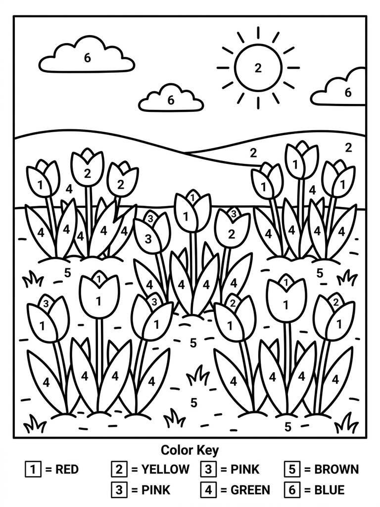 Spring Tulip Flower Garden By Number Coloring Page